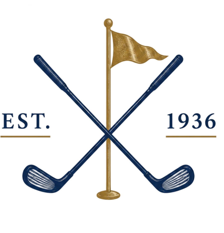 Crossed golf clubs and a pennant — established 1936